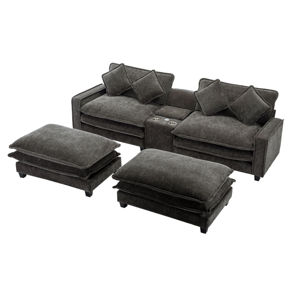 Dark gray sectional sofa with removable ottomans and cushioned backrest pillows