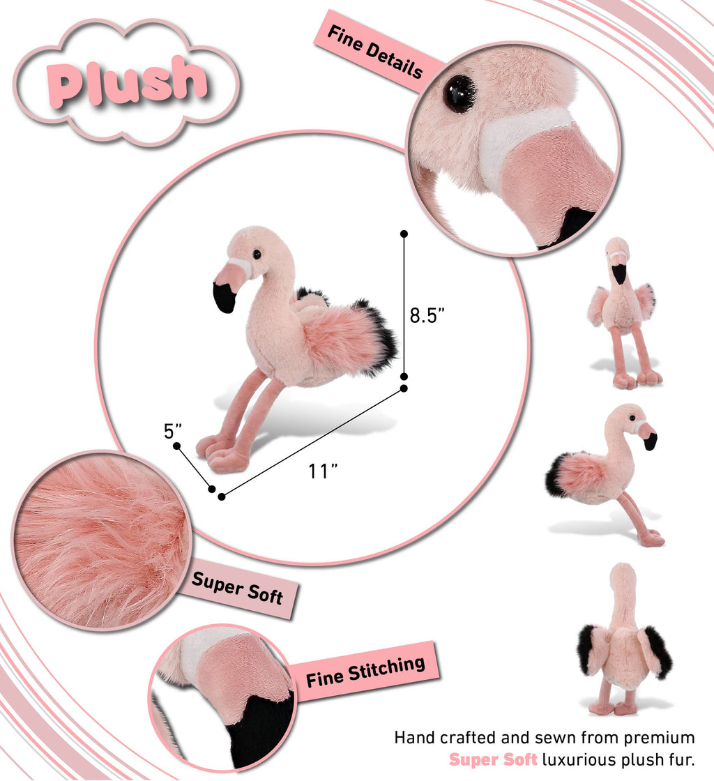 Flamingo plush toy with fine stitching; close-up shows black beak and dot eyes