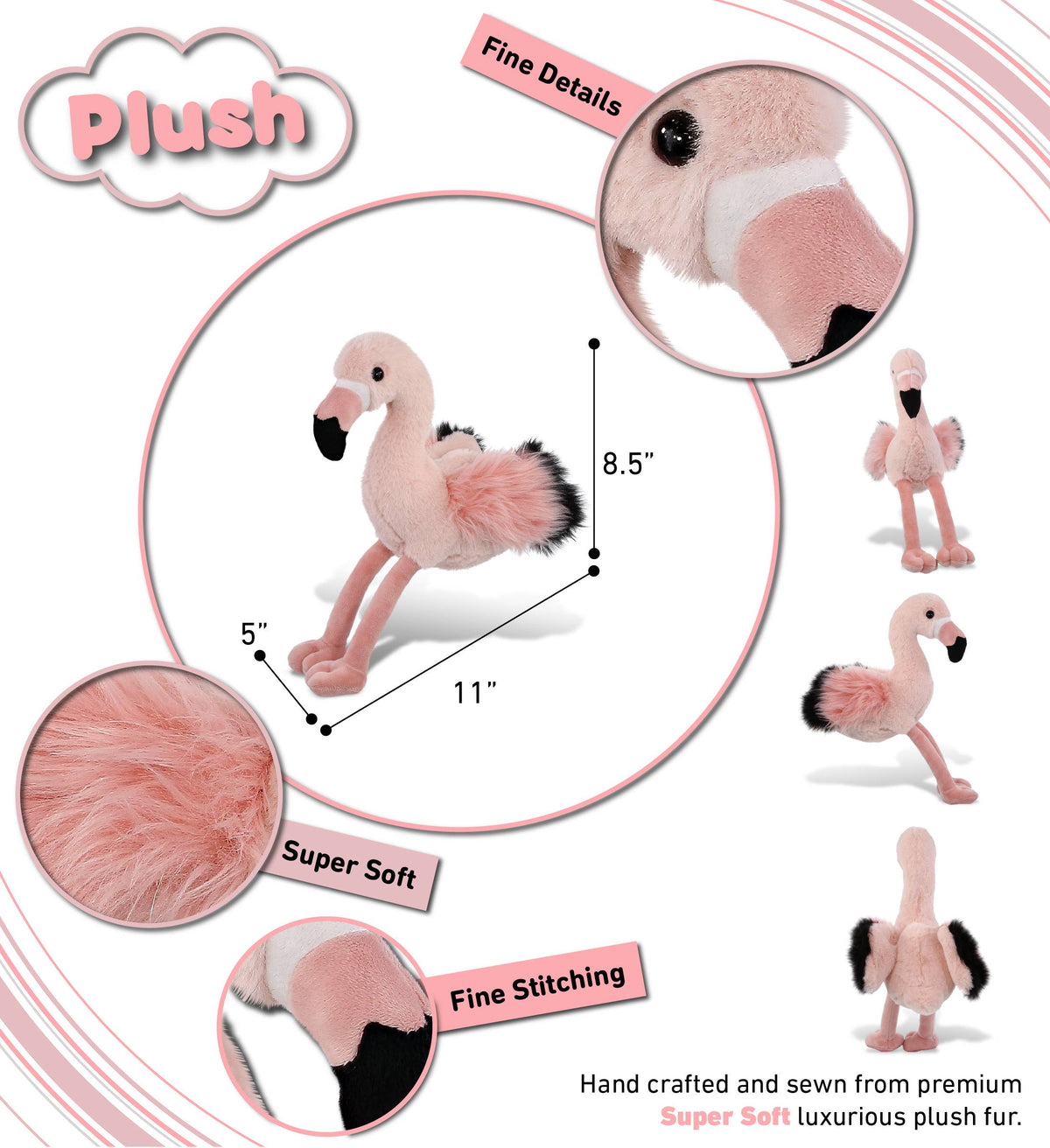 Flamingo plush toy with fine stitching; close-up shows black beak and dot eyes
