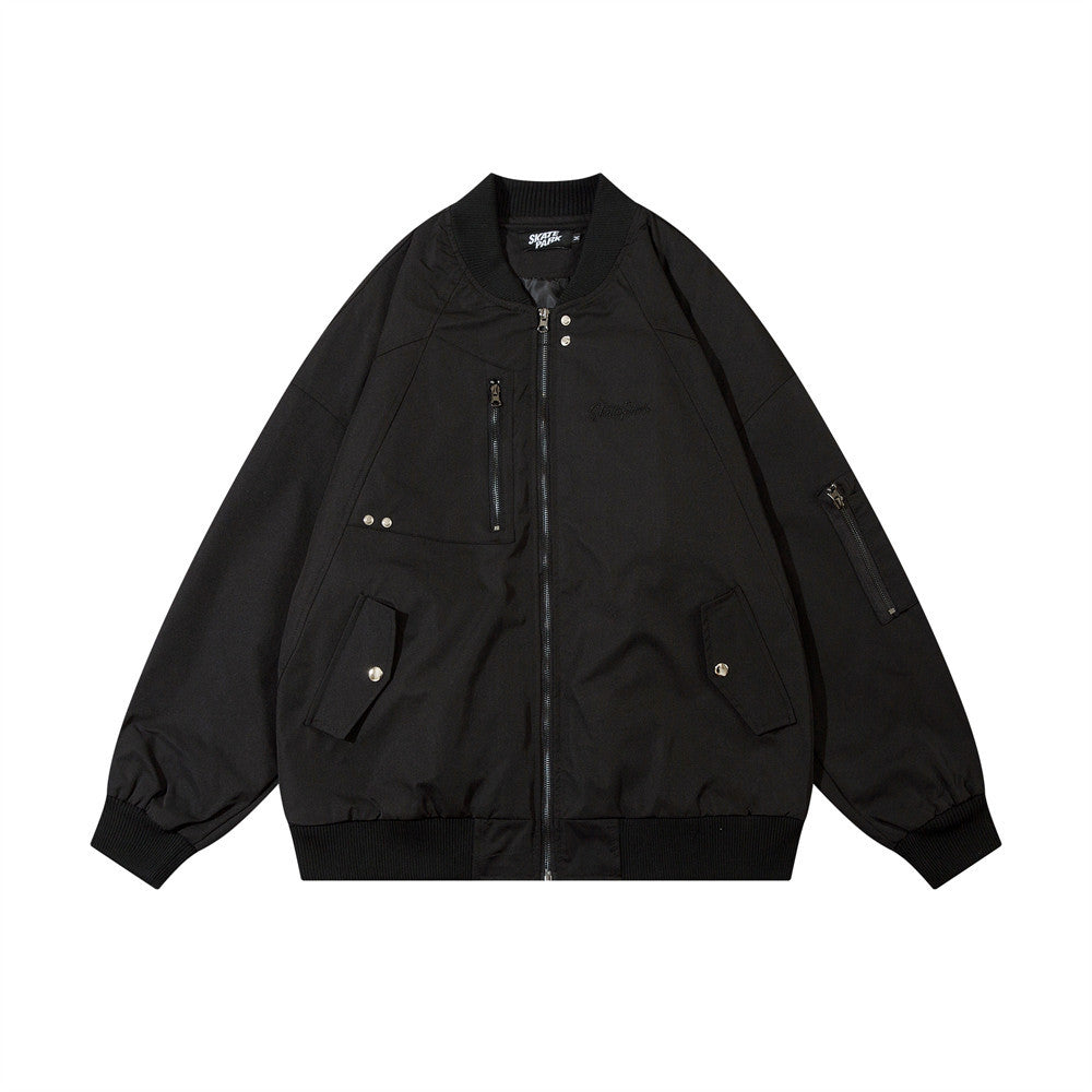 Black men's loose jacket coat with front zipper and flap chest pockets