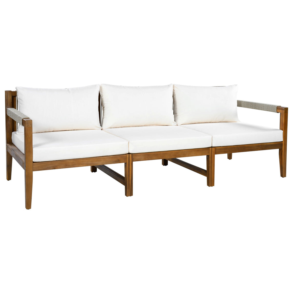 Outdoor sofa with acacia wood frame and white seat and back cushions