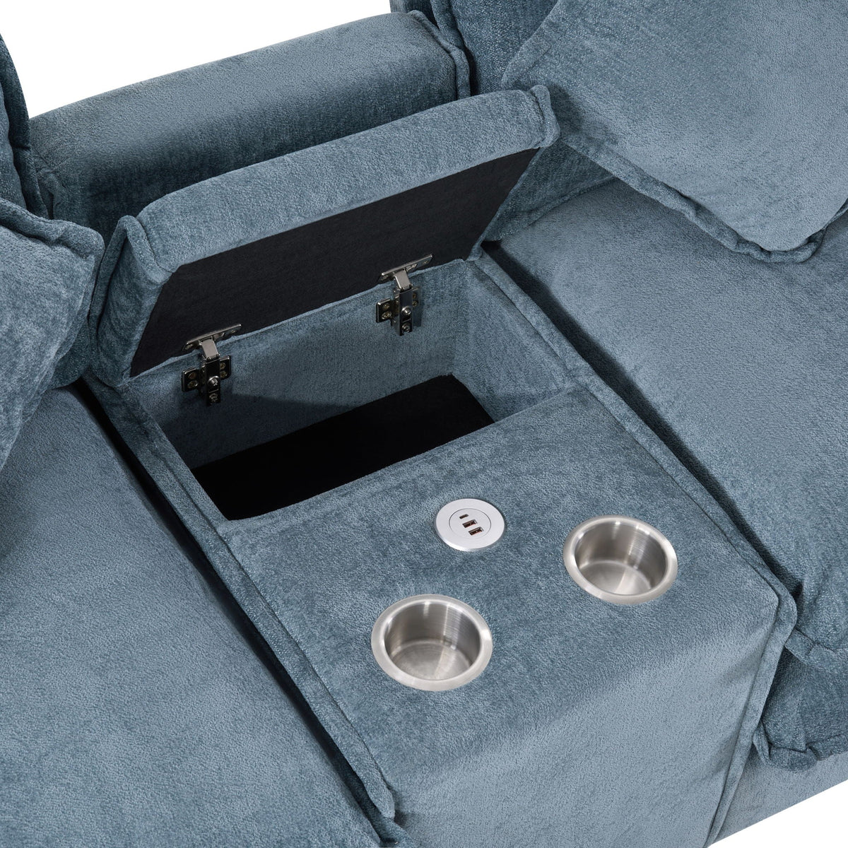 Light blue sectional sofa with built-in ottoman storage and charging panel with USB ports