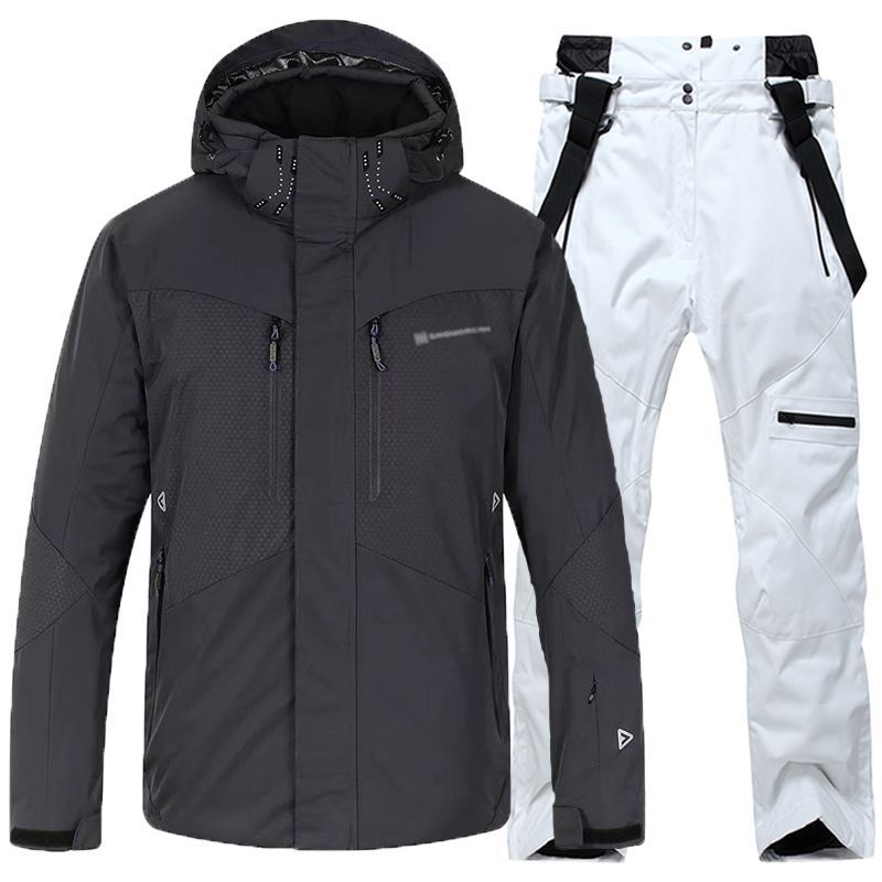 Men's black waterproof insulated ski jacket and white ski pants set