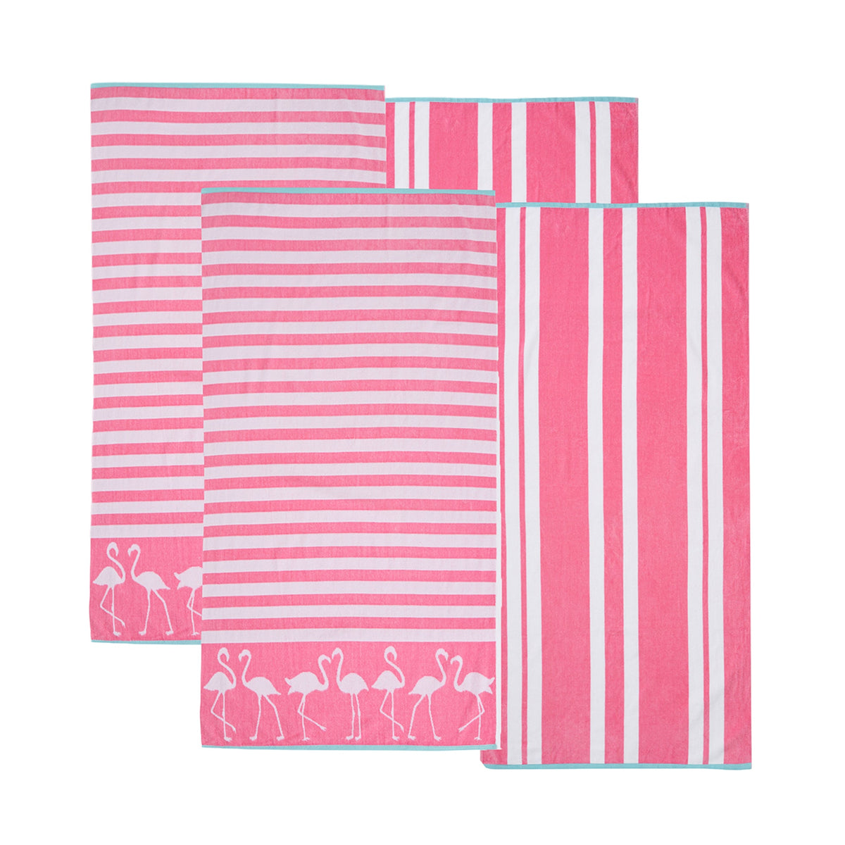 Cotton velour beach towels in pink and white with flamingo silhouettes and stripes