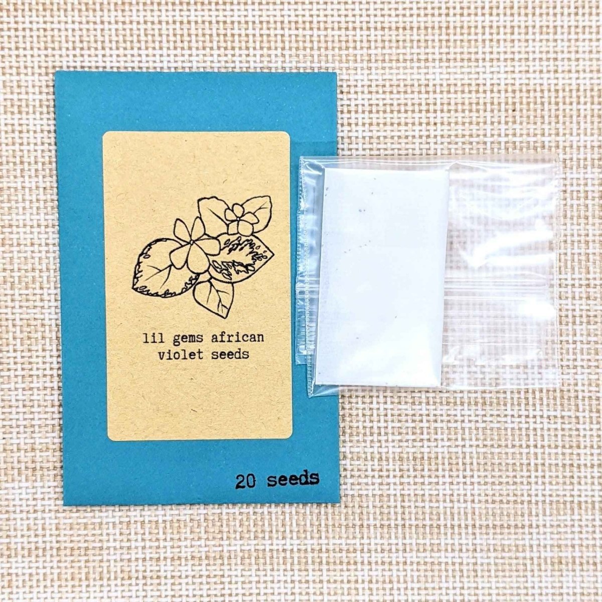 Lil Gems African violet seed packet with 20 seeds label and small foil packet