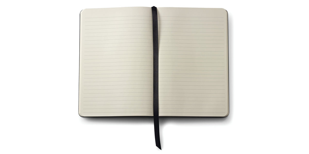 Medium macchiato journal open, cream lined pages with black ribbon bookmark