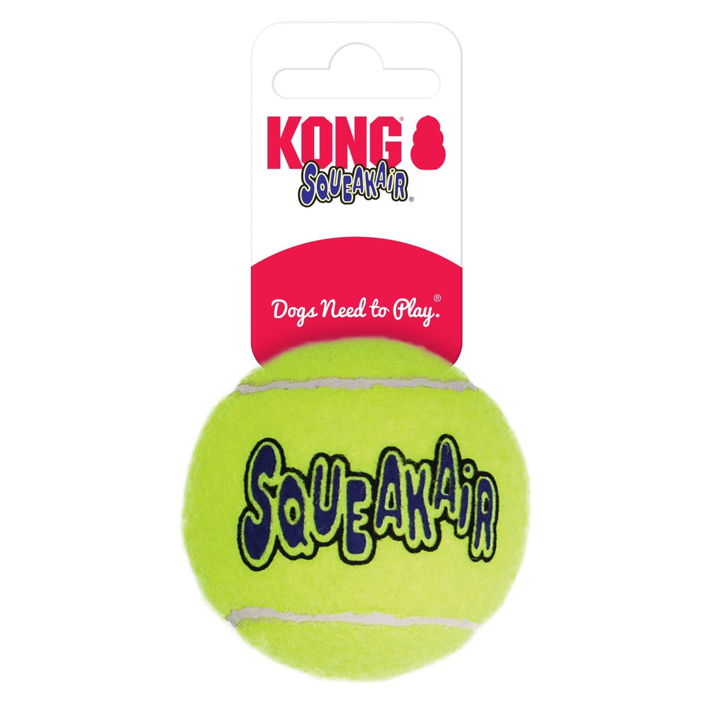 Neon green SquakAir squeaky tennis ball on retail hang card
