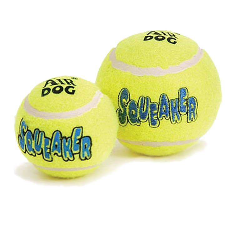 Neon green squeaky tennis balls with SquakAir text, two balls shown