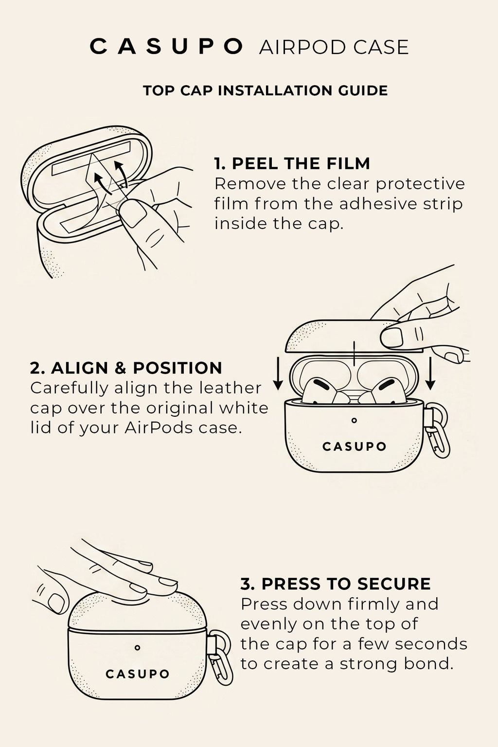 Red leather AirPod case installation guide diagram for top-cap attachment