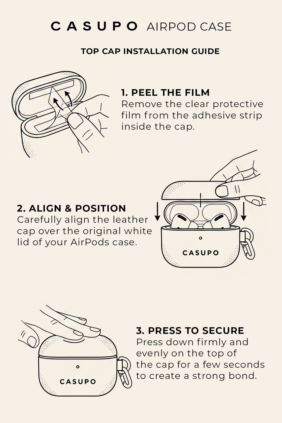 Red leather AirPod case installation guide diagram for top-cap attachment