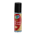 Women’s perfume spray bottle with black cap and Earthly Love label, alcohol-free.