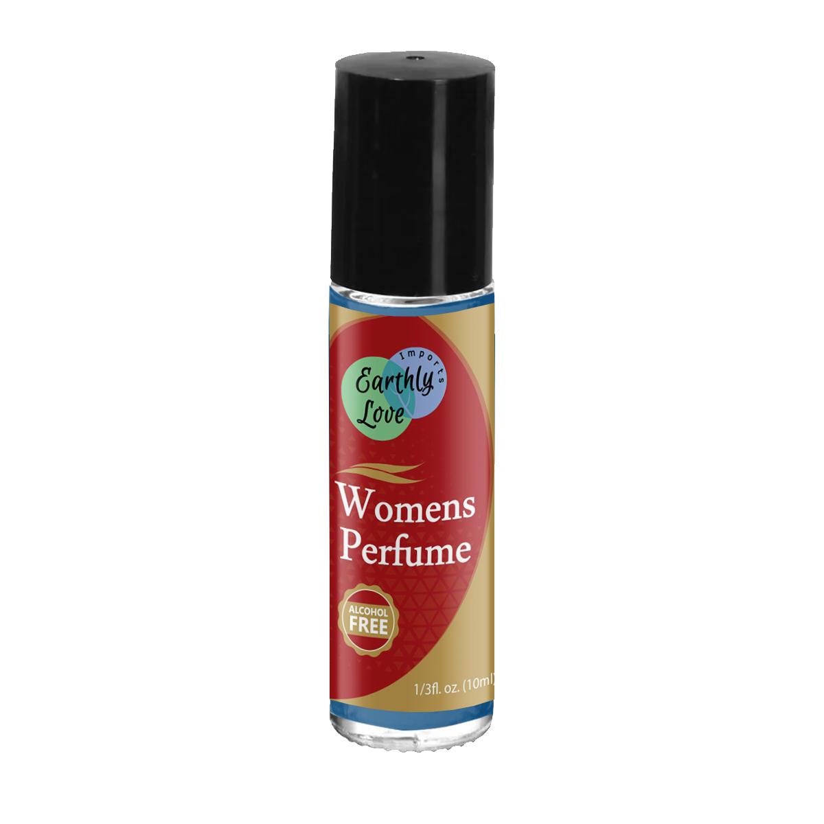 Women’s perfume spray bottle with black cap and Earthly Love label, alcohol-free.
