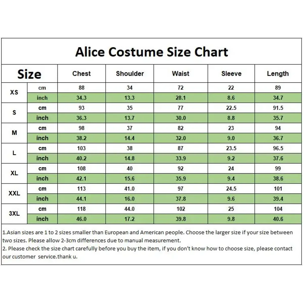 Costume size chart table listing chest, shoulder, waist, sleeve, and length measurements