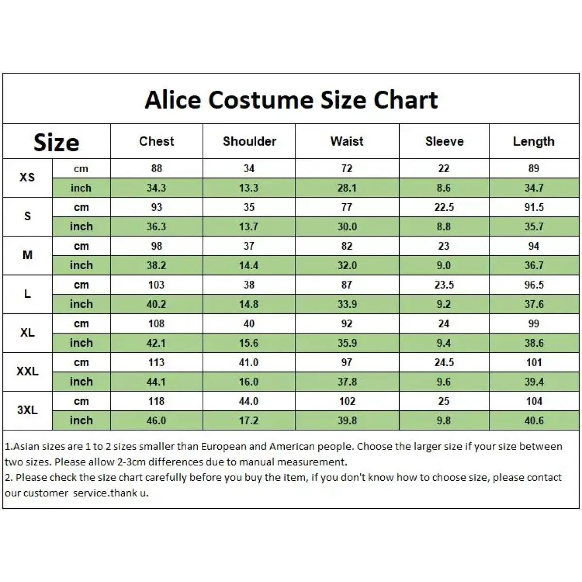 Costume size chart table listing chest, shoulder, waist, sleeve, and length measurements