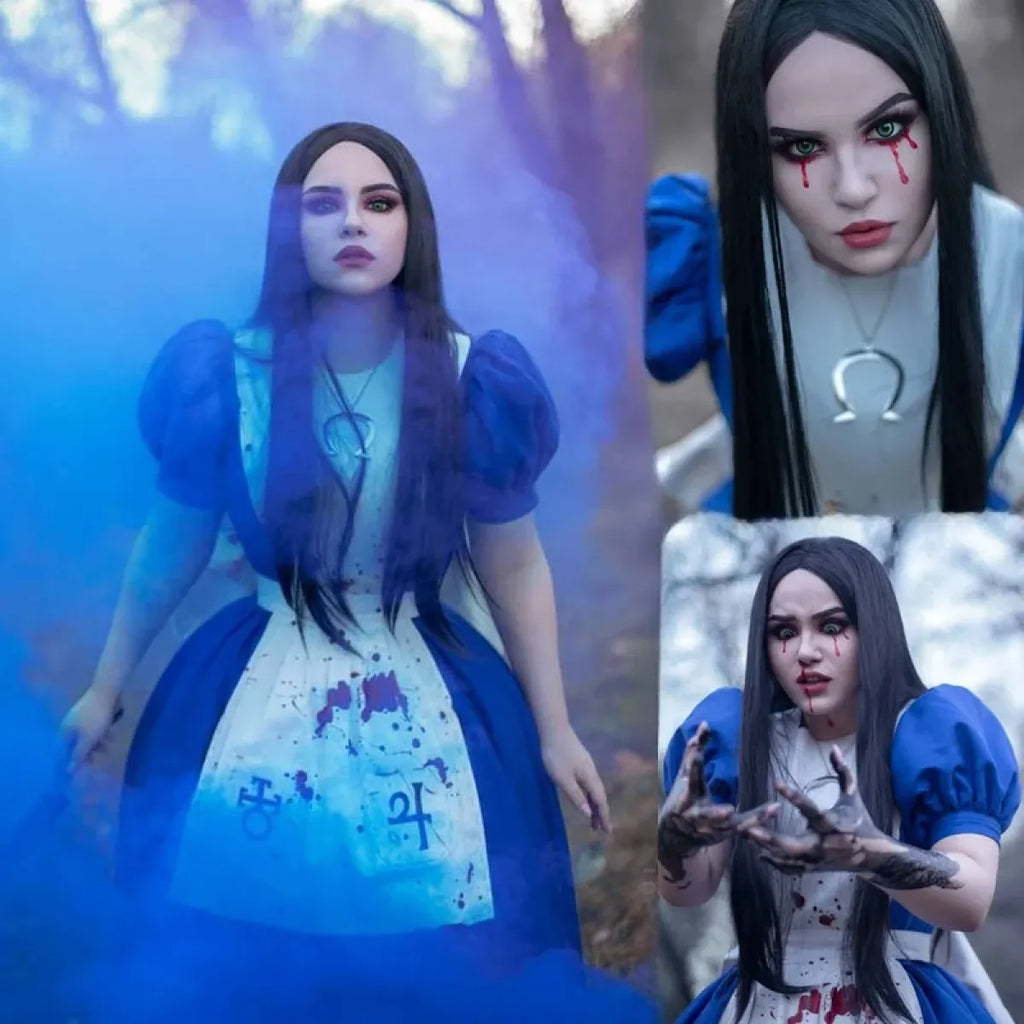 Blue and white cosplay dress on model with long black wig and red face makeup details