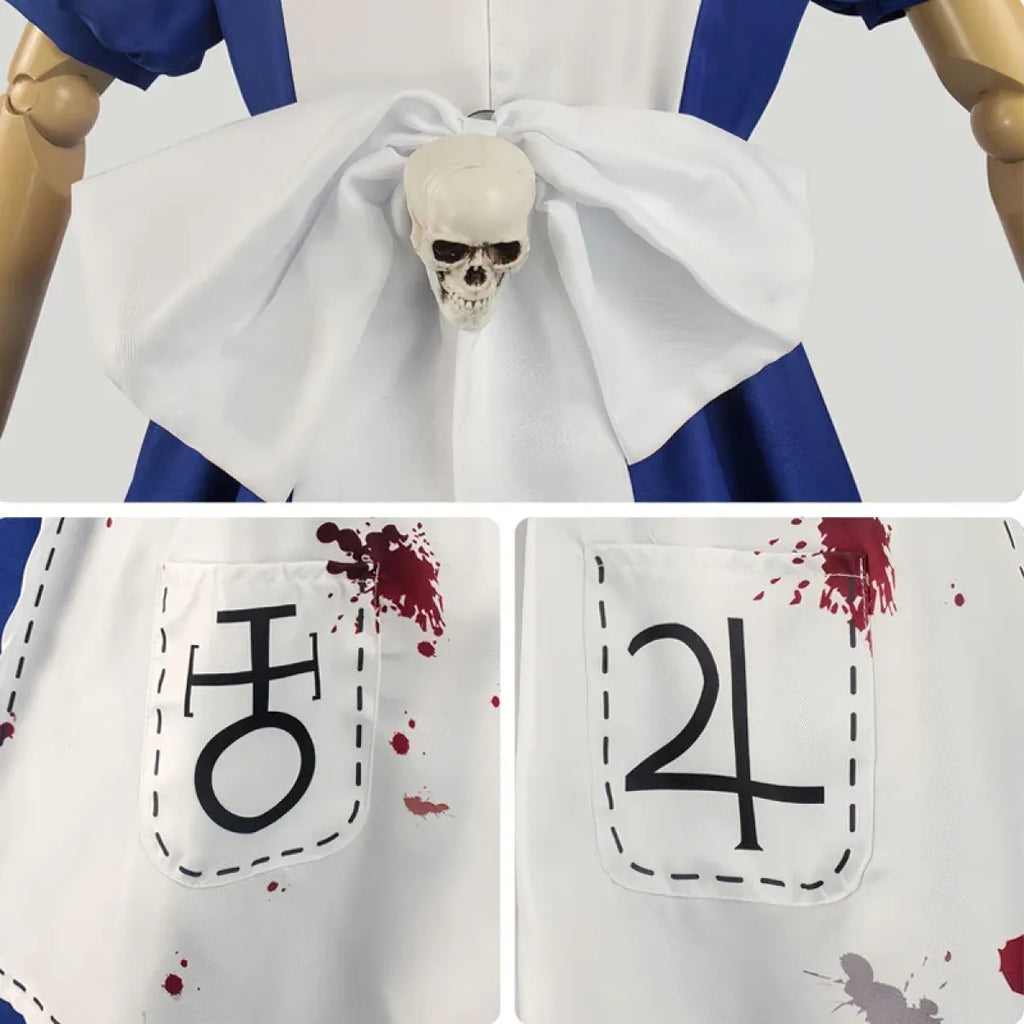 White bow back of cosplay dress with skull ornament at waist center
