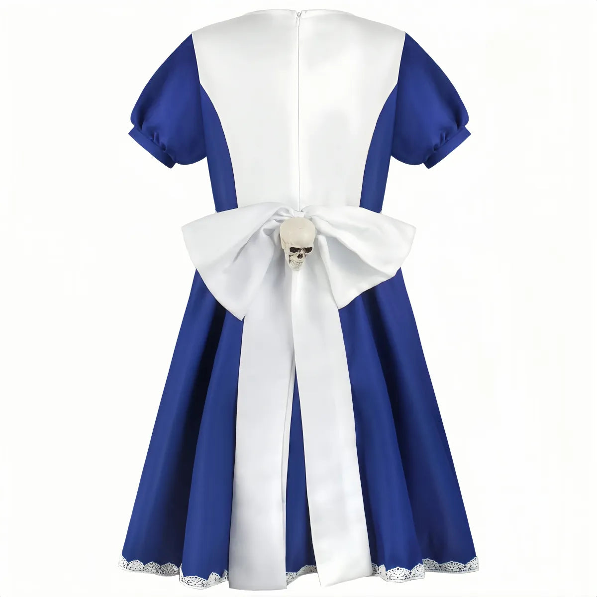 Blue and white cosplay dress with large white bow back and lace-trim skirt hem