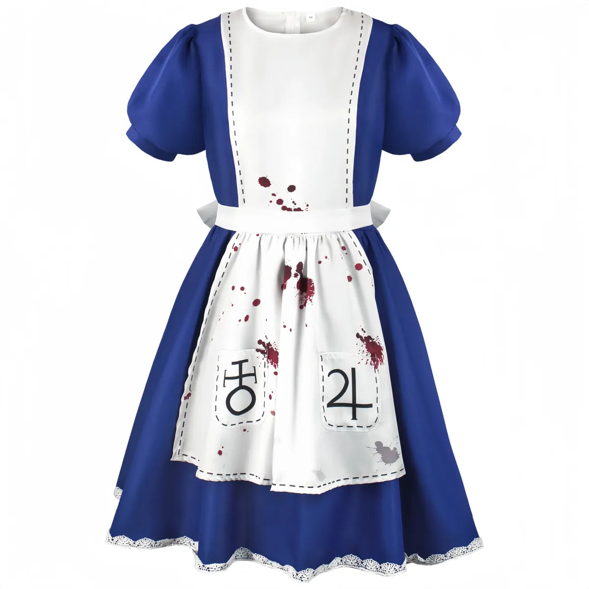 Blue and white cosplay dress with white apron front panel, puff sleeves, and lace hem
