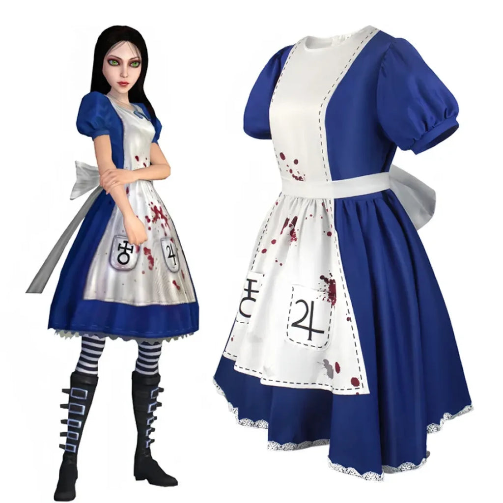 Blue and white cosplay dress with white apron skirt panel, puff sleeves, and lace trim