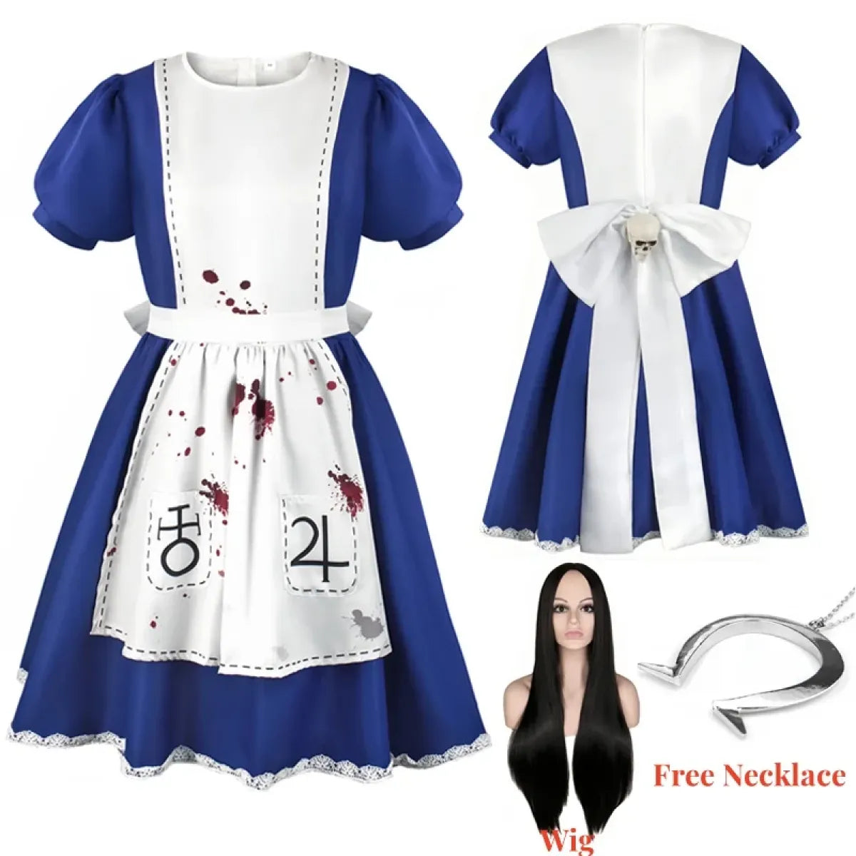 Blue and white cosplay dress with puff sleeves, corset panel, and lace-trim hem