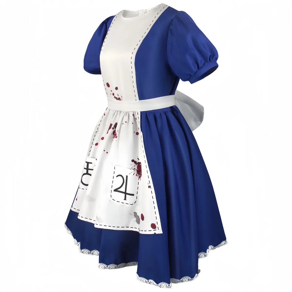 Blue and white cosplay dress with ribbon belt, white skirt panel, and lace-trim hem