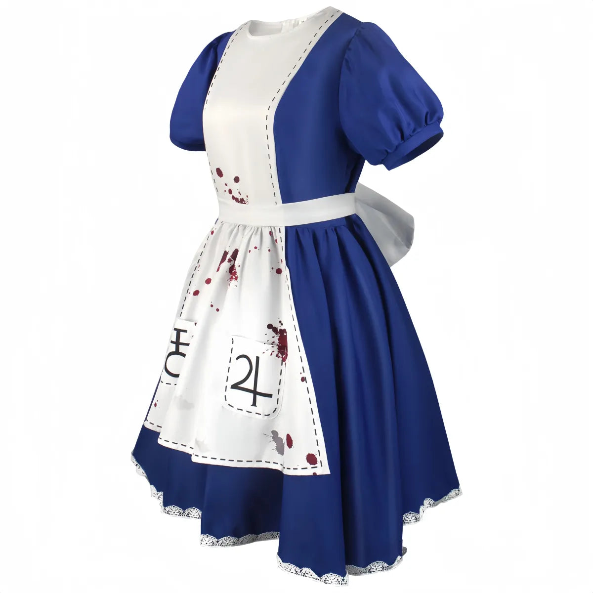 Blue and white cosplay dress with ribbon belt, white skirt panel, and lace-trim hem