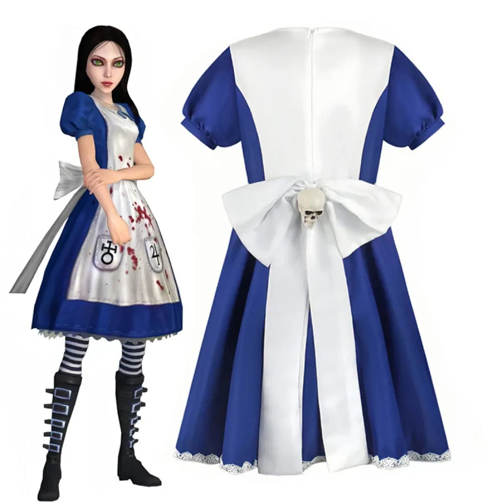 Blue and white cosplay dress with white bow back; model wears long black wig
