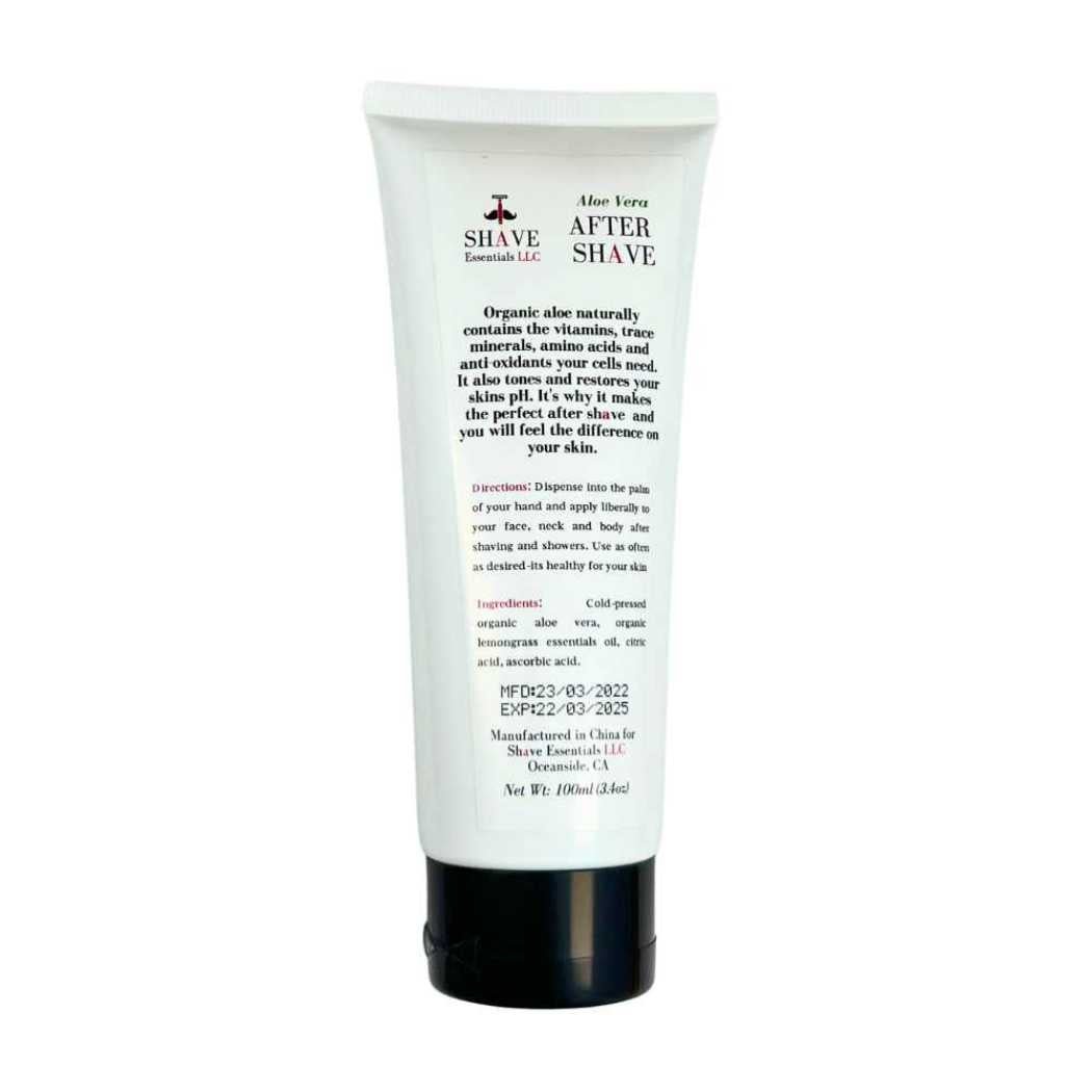 White aftershave gel tube back label with ingredients and usage details; black base
