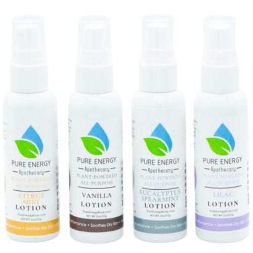 Four white pump all-purpose lotion bottles with Citrus, Vanilla, Eucalyptus spearmint, and Lilac