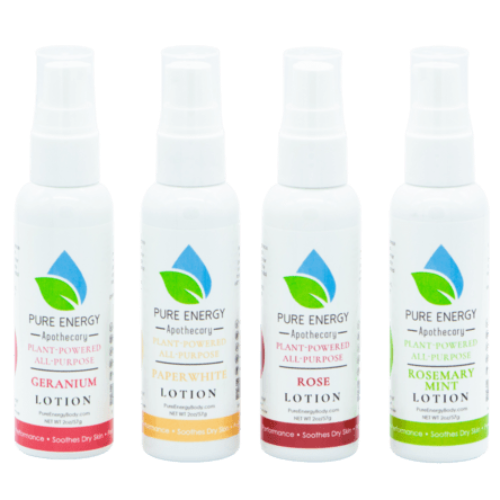 Set of four white pump lotion bottles with colorful scent labels including geranium and rose
