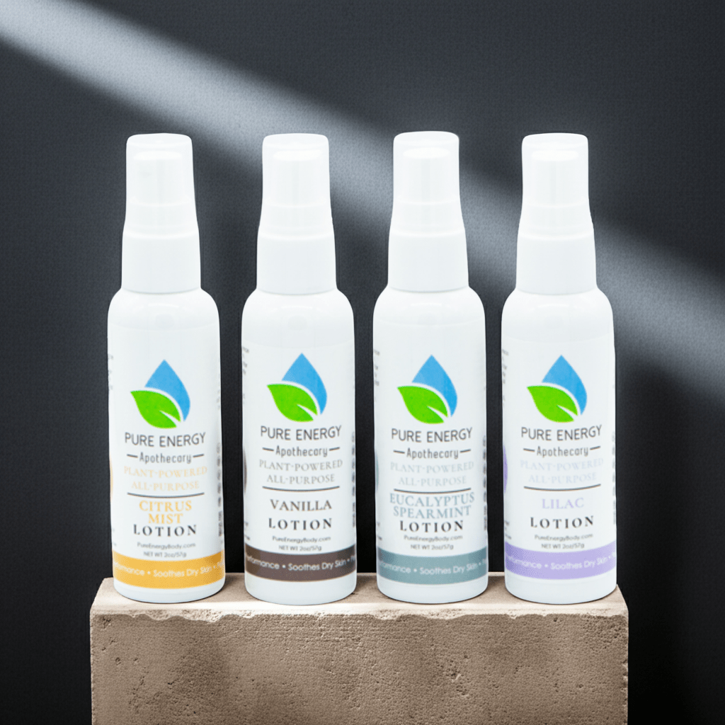 Set of four white pump lotion bottles: Citrus, Vanilla, Eucalyptus spearmint, and Lilac