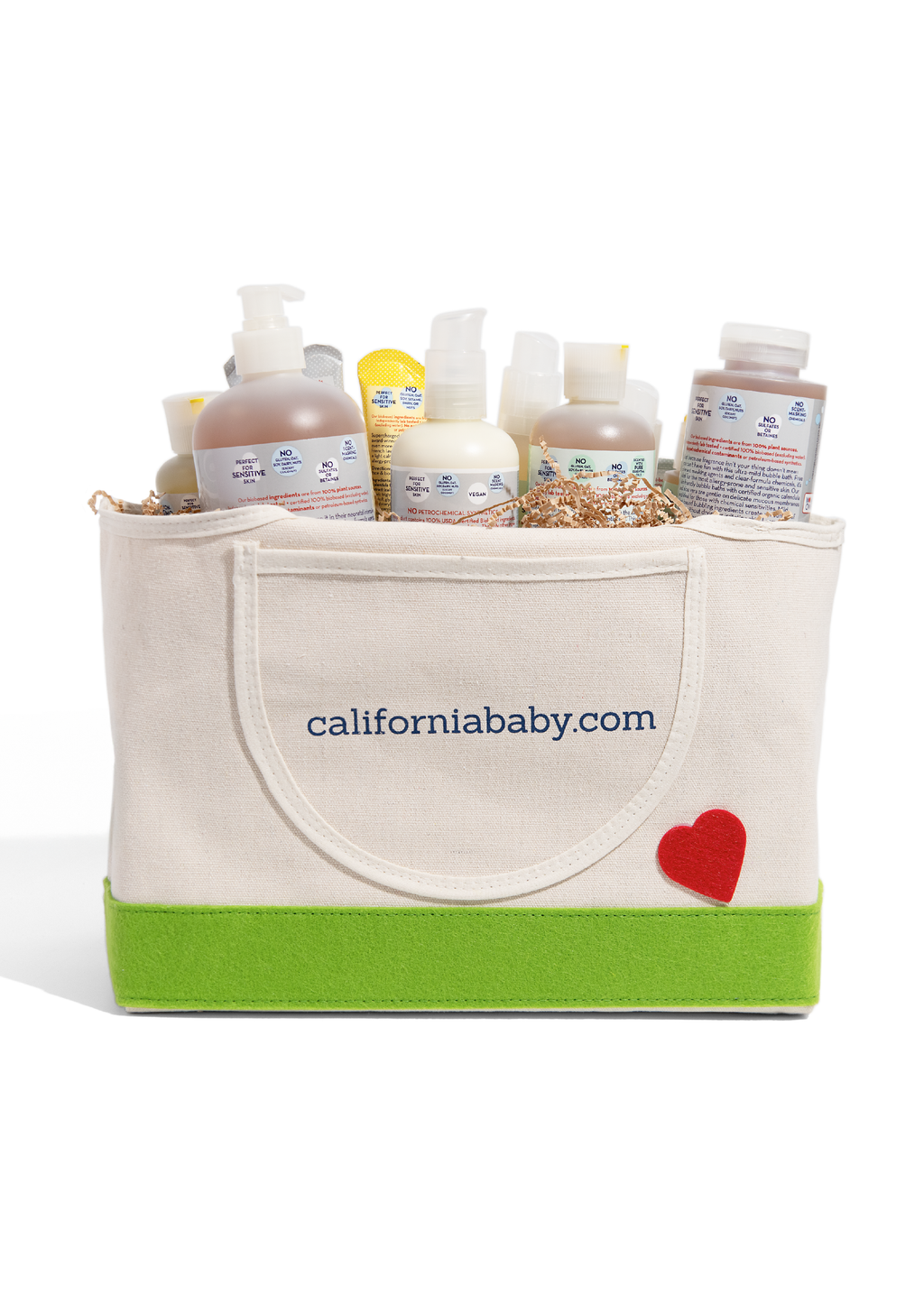 Beige tote bag with californiababy.com logo and red heart, holding baby products