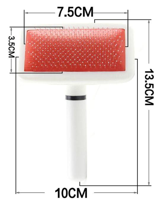 Beauty brush with red pin pad and white handle, size diagram