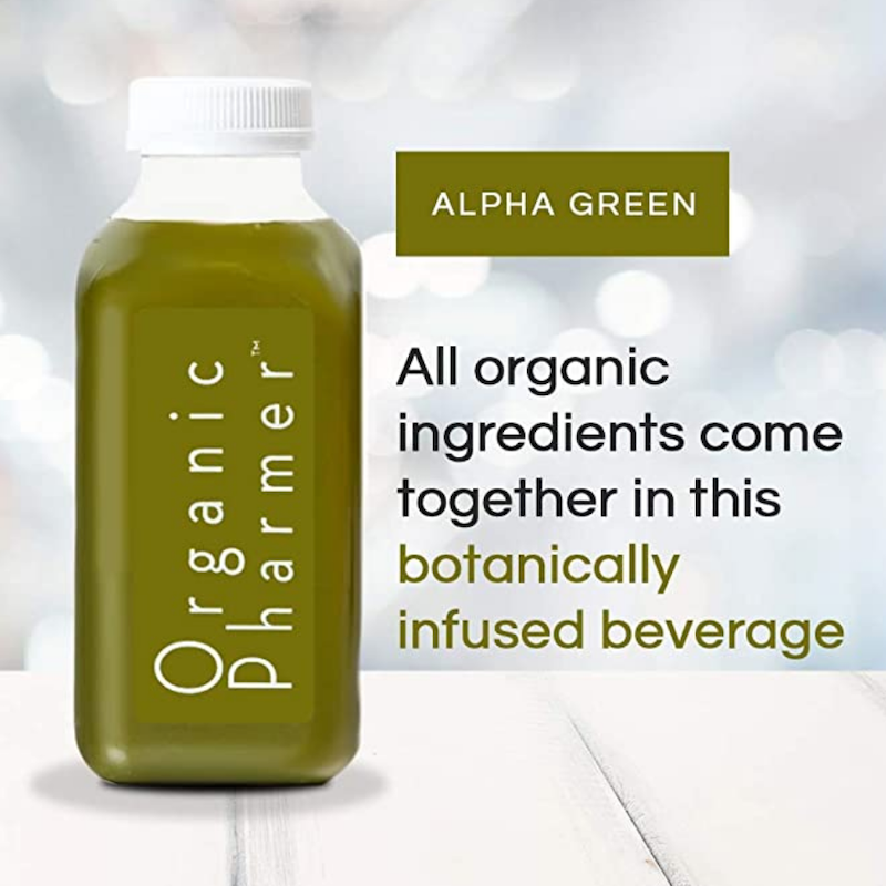 Organic green juice bottle with white cap, label text 'All organic ingredients' 