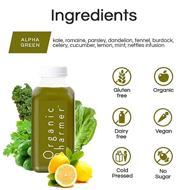Green juice bottle with ingredients list and icons for gluten free, organic, vegan, no sugar