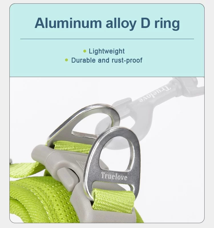 Moss green mesh dog harness with aluminum D-ring and adjustable webbing strap