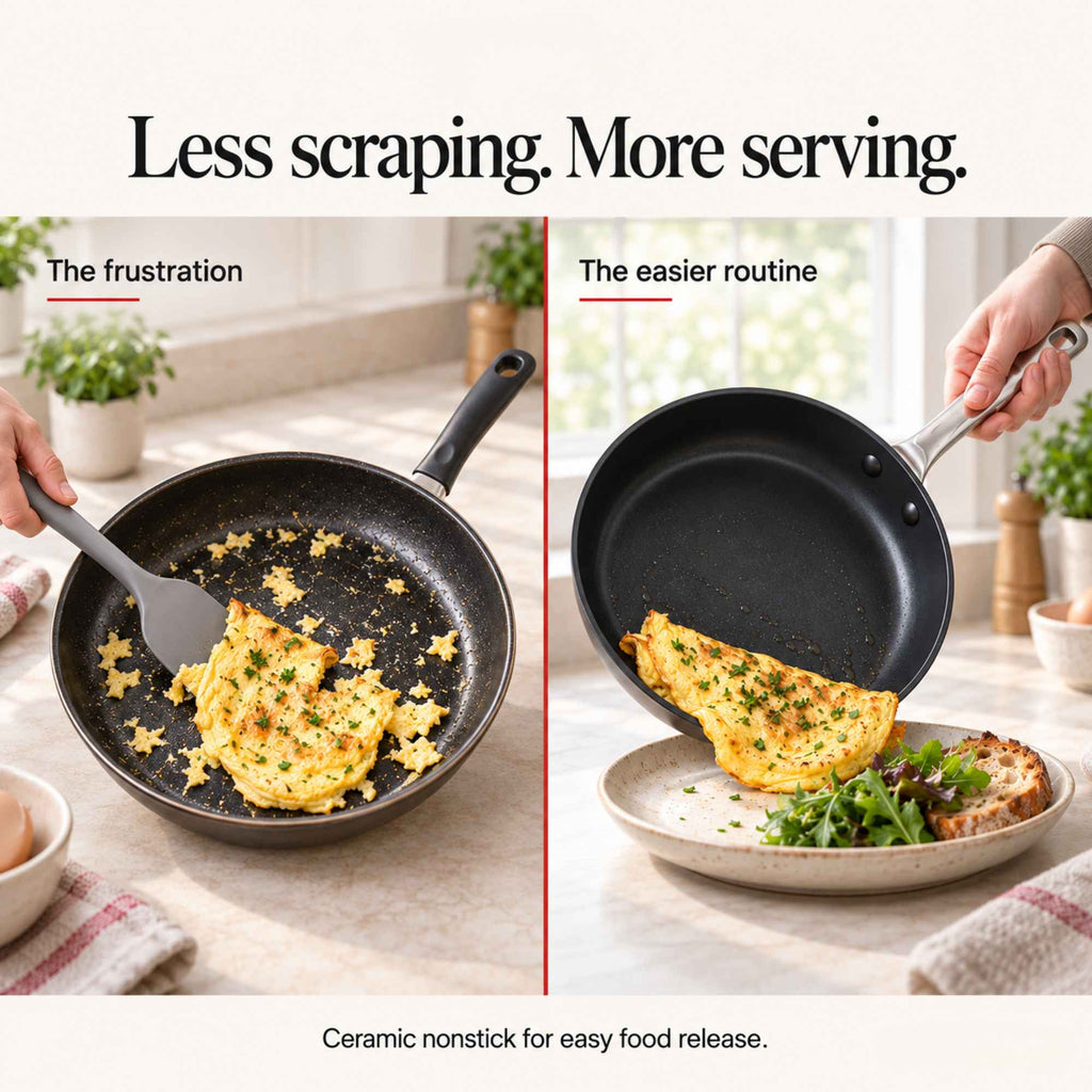 Ceramic nonstick frying pan with handle, cooking sliced food on plate