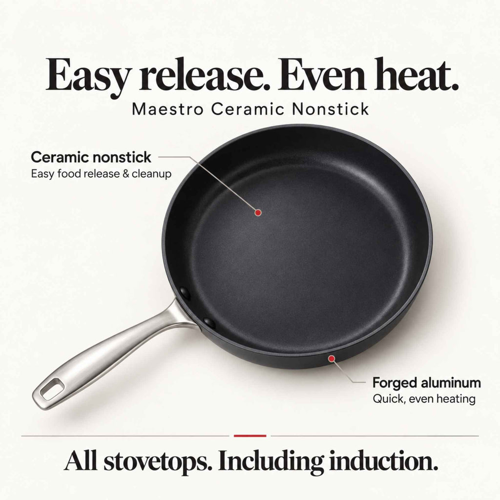 Ceramic nonstick frying pan with stainless handle, round black skillet