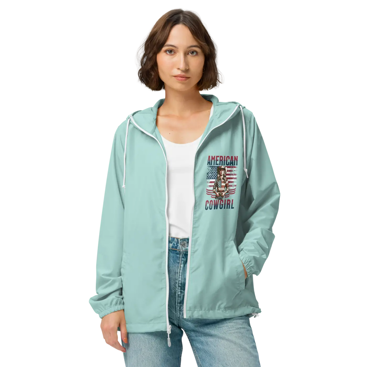 Aqua hooded windbreaker jacket with zip front and 'American Cowgirl' logo patch