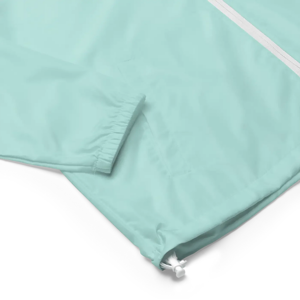 Aqua windbreaker jacket sleeve and adjustable hem with elastic cuff