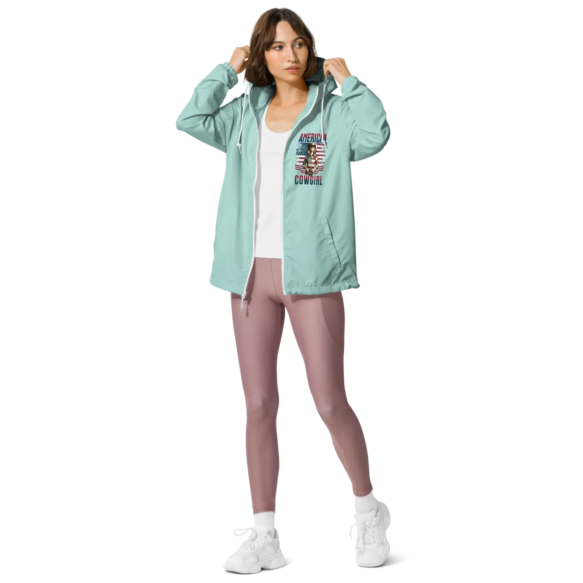 Aqua hooded windbreaker jacket with zip front and 'American Cowgirl' chest graphic