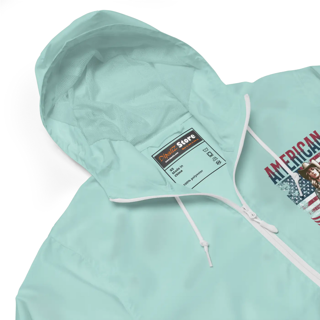 Aqua windbreaker hood with white drawstrings, zipper trim, and interior label