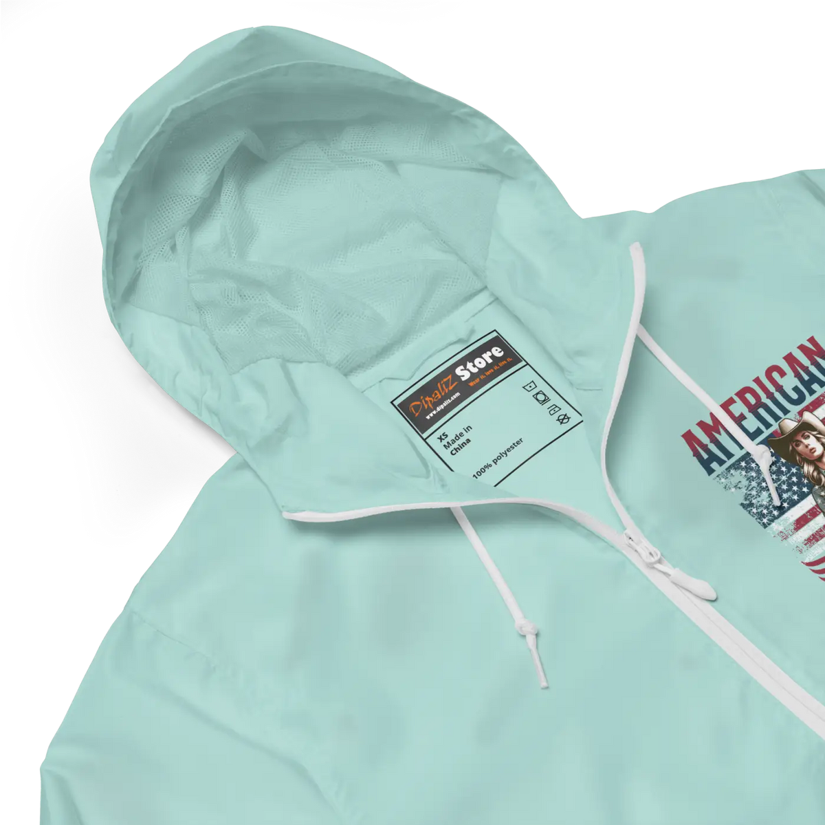 Aqua windbreaker hood with white drawstrings, zipper trim, and interior label