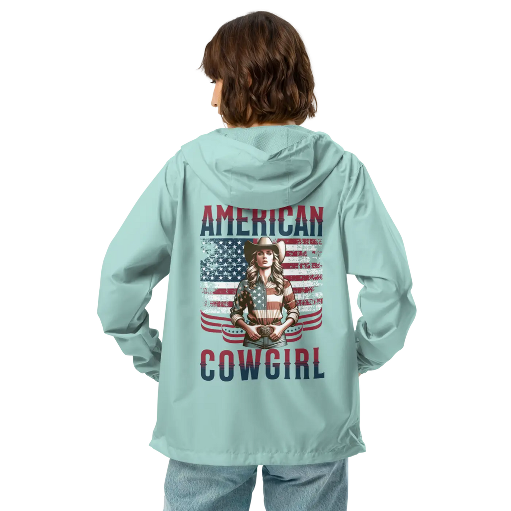 Aqua hooded zip windbreaker jacket with back 'American Cowgirl' graphic