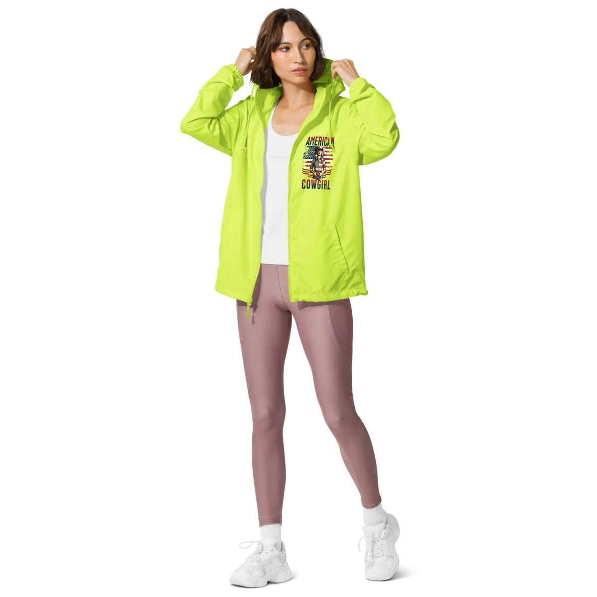 Safety yellow hooded windbreaker jacket with zip front and 'American Cowgirl' chest graphic