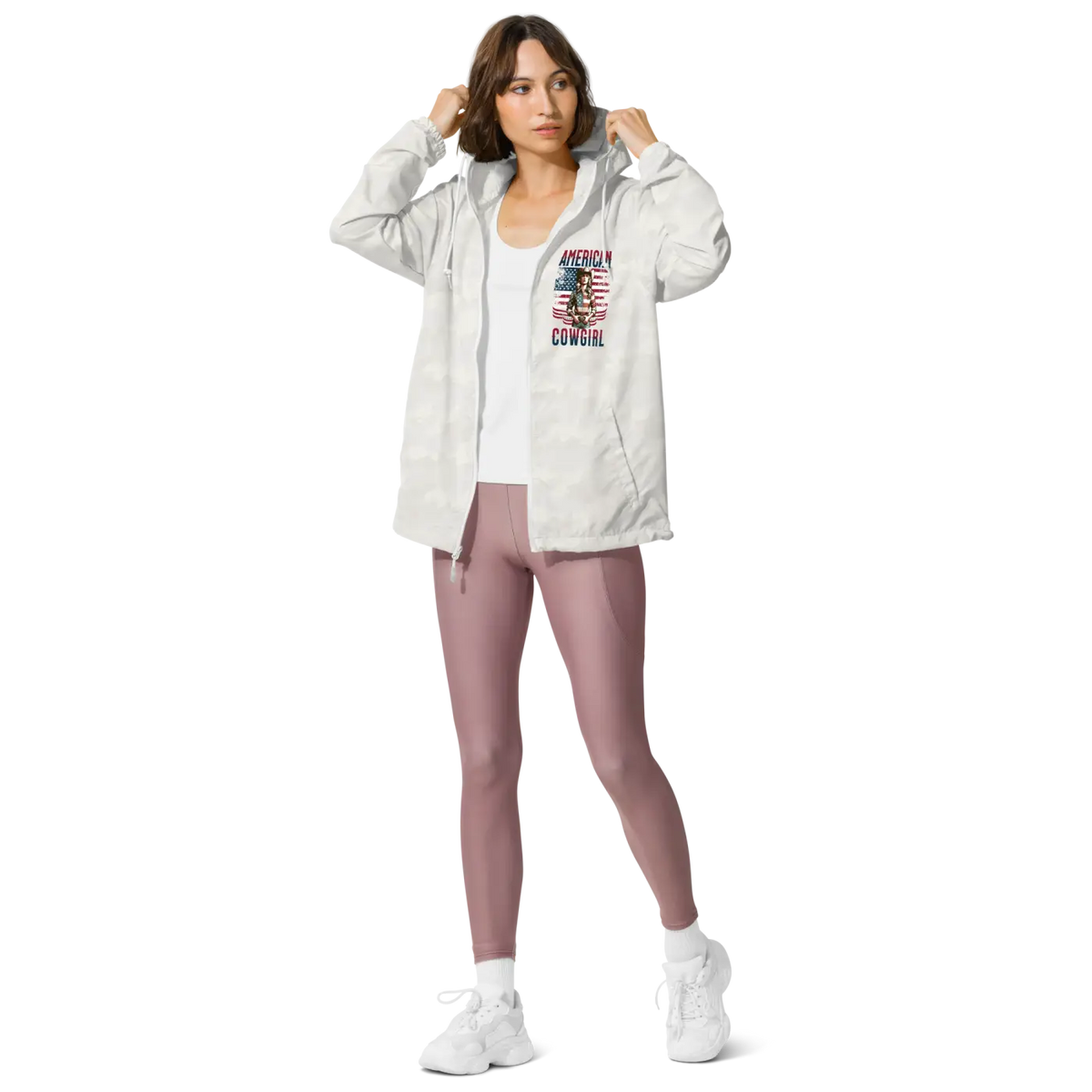 Light-colored hooded windbreaker jacket with zip front and 'American Cowgirl' chest logo