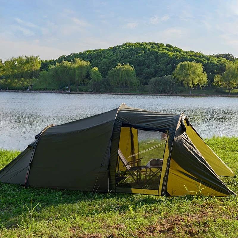 Army green tunnel camping tent with open front and side mesh panels