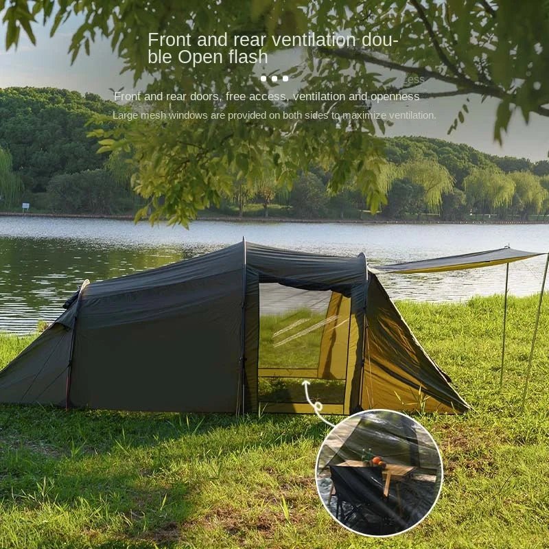 Army green tunnel camping tent with mesh window and open doorway side