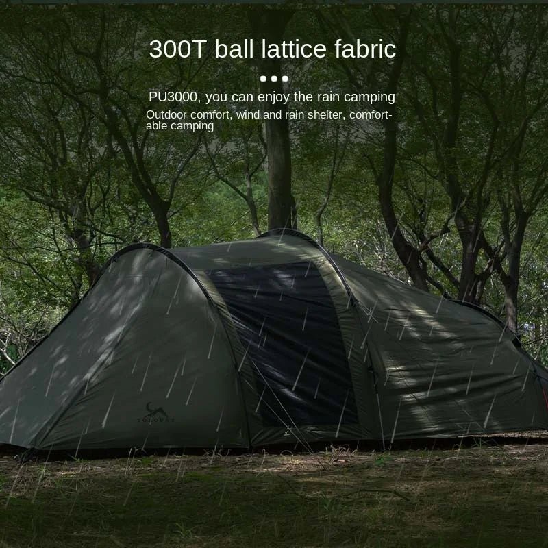 Dark army green tunnel camping tent with arched sections and rainfly