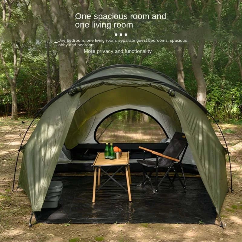 Army green tunnel camping tent with large front opening and clear mesh door